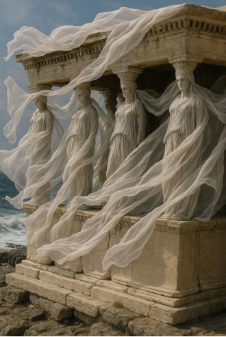 #Caryatids, текущие на ветру# Стиль скульптуры тесно связан с древнегреческим искусством